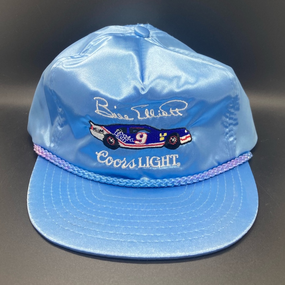Vintage 90s Baby Blue Nylon Bill Elliot Coors Racing Strap Back Hat